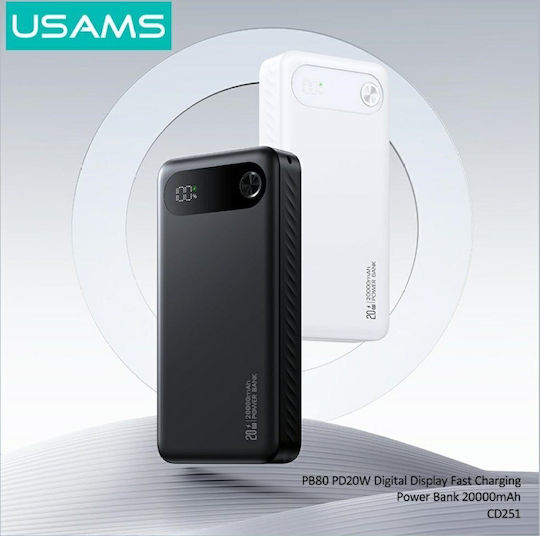 Usams PB80 Power Bank 20000mAh 20W με 2 Θύρες USB-A και Θύρα USB-C Power Delivery Λευκό