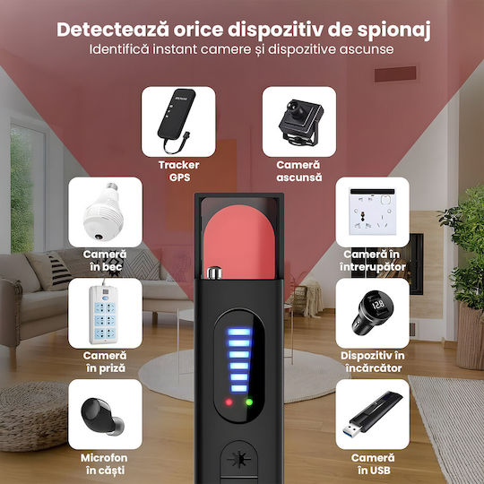 Detector Profesional 5-în-1 Anti-spion Scanner RF 1MHz-8GHz Camere De Supraveghere Microfoane Tracker GPS Laser Infraroșu 6m 6 Niveluri De Sensibilitate Portabil Reîncărcabil Protecție Date Acasă Hotel
