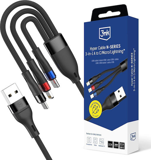 3MK USB to Lightning / Type-C / micro USB Cable Μαύρο 1.2m