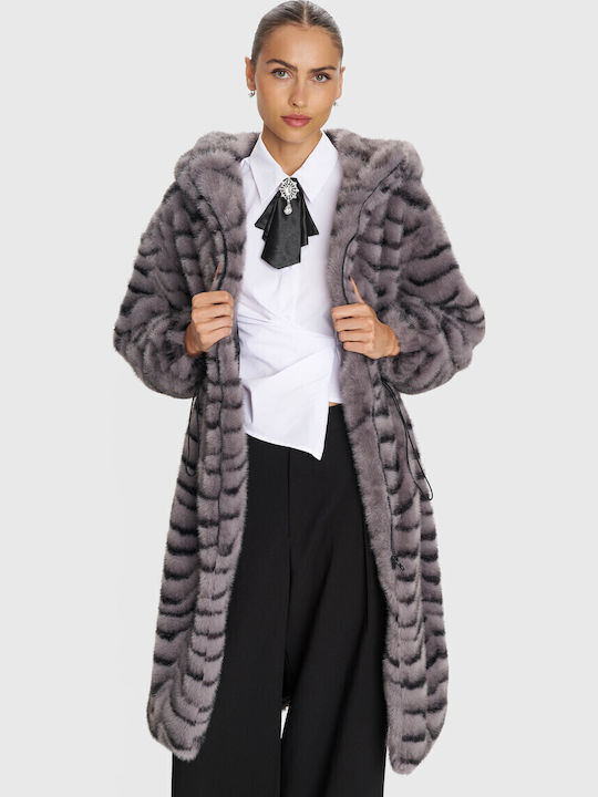 Women's Gray Coat with Fur Details