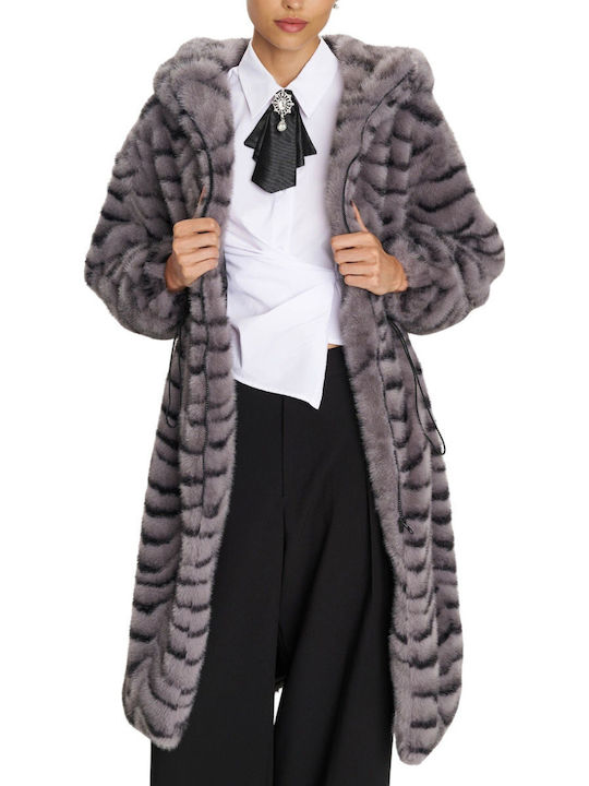 Women's Gray Coat with Fur Details