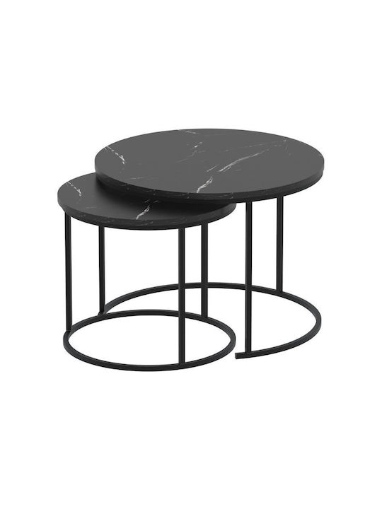 Round Side Coffee Table Hilal Wooden Black Marble Effect 2 Pieces W66xL66xH49.5cm