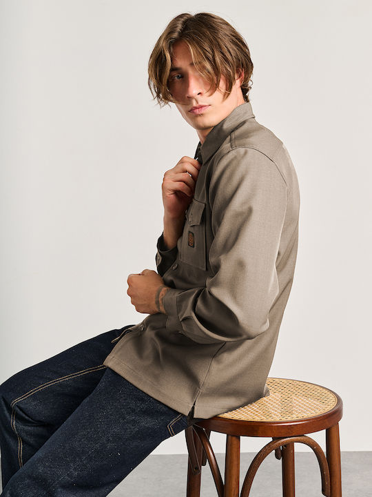 Μακρυμάνικo Overshirt σε Κανονική Γραμμή Taupe