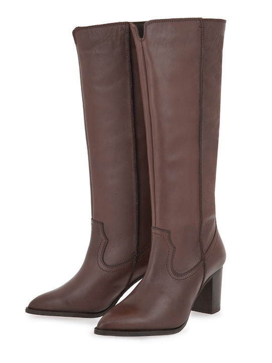 Leather Medium Heel Women's Boots Brown