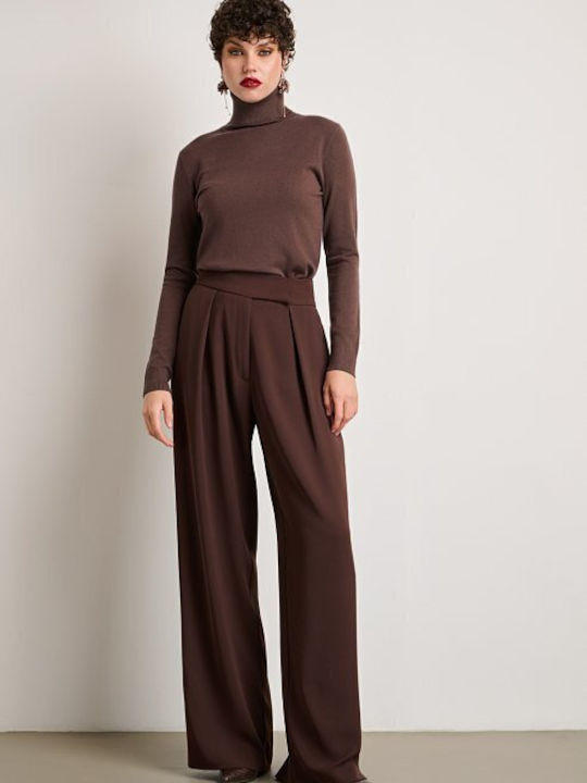 Women's High-waisted Fabric Trousers with Elastic Regular Fit Brown