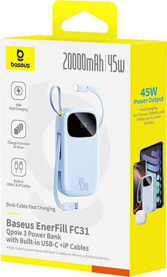 Baseus EnerFill FC31 Power Bank 20000mAh 45W cu Port USB-A și Port USB-C Albastru deschis