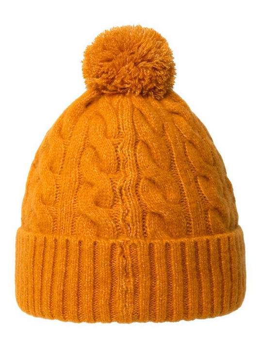 Pom Pom Beanie Unisex Σκούφος Πλεκτός σε Πορτοκαλί χρώμα