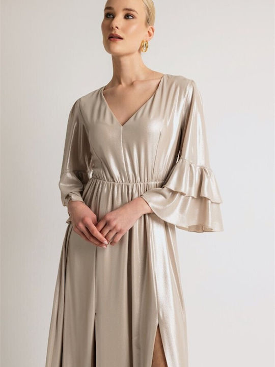 Rochie Maxi De Seară Spate Deschisă Cu Volane Aurie