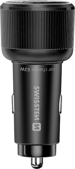 Swissten Car Charger Fast Charging 63W USB-C Power Delivery 45W USB 3.0 18W Black