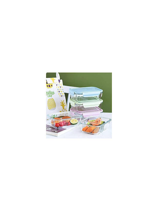 Aj Glass Lunch Box 2 Compartments Transparent Blue Lid & Airtight Closure 1000ml