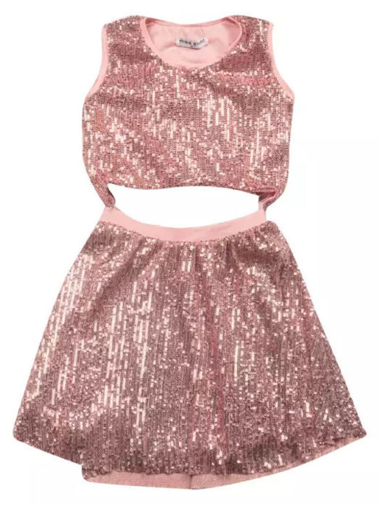 Girls Sleeveless Dress with Sequins Set with Top and Accessories Pink