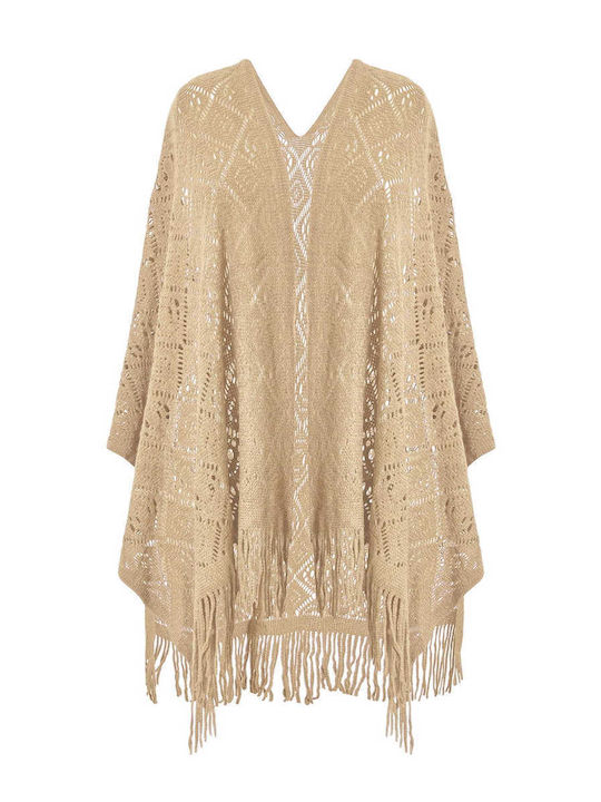 Celestino Women's Knitted Cape Perforated Patterns Loose Fit Dark Beige