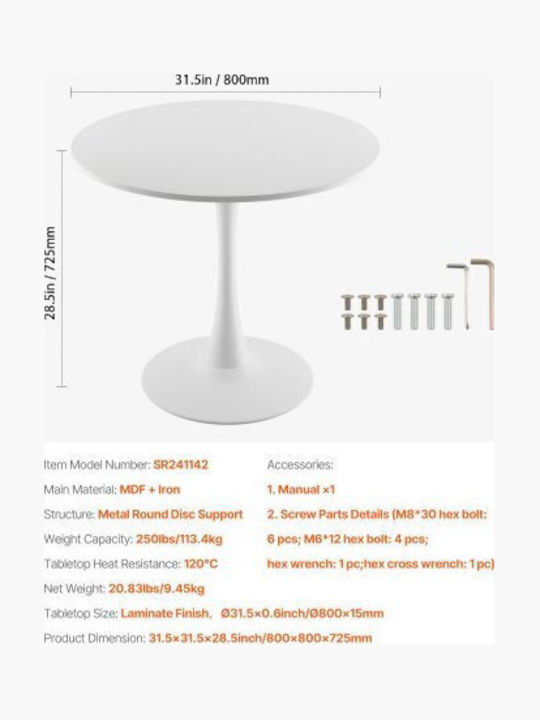 Round Dining Room Table Wooden with Metal Frame White 80x80x72.5cm