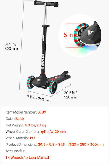 Vevor Kids Scooters Foldable 3-Wheel for 3+ Years Black