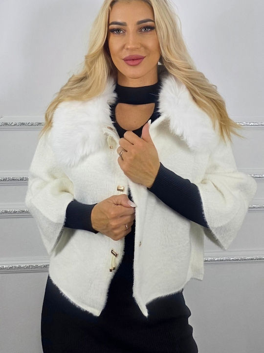 Дамска White Пелерина с кожени детайли