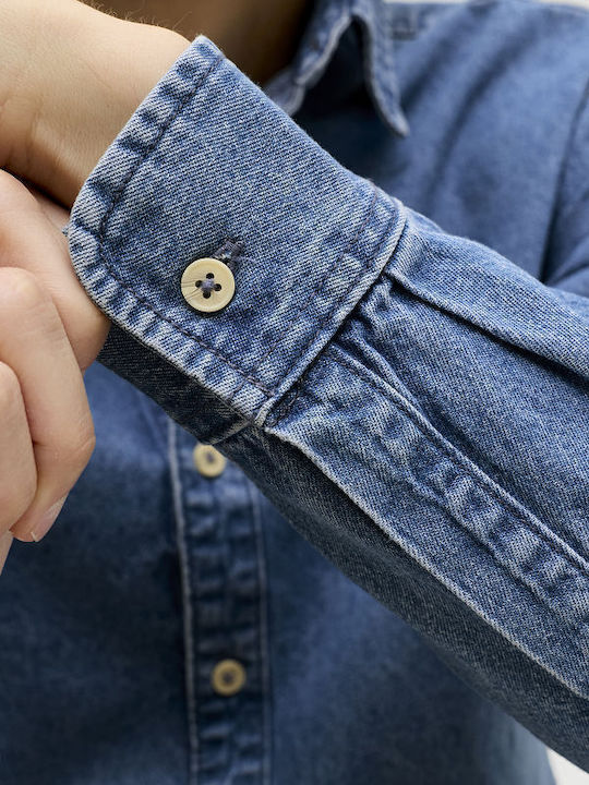 Long Sleeve Denim Shirt in Regular Fit Mid Blue Denim