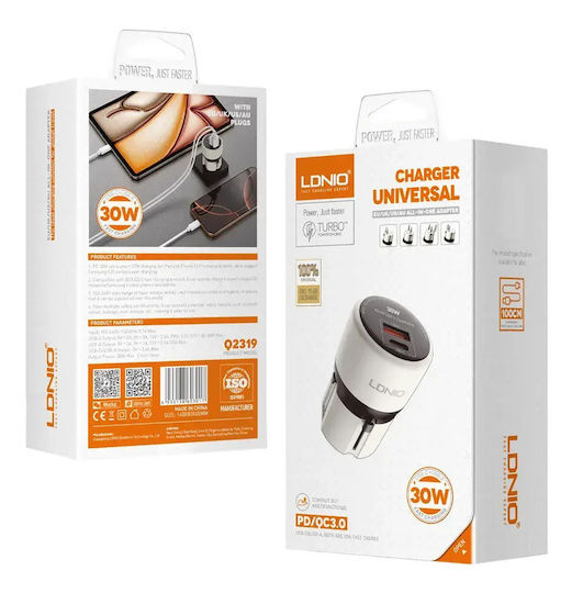 Ldnio Mobile Phone Charger Without Cable with USB-A and USB-C Output Ports and USB-C - USB-C Cable 30W Power Delivery Grey