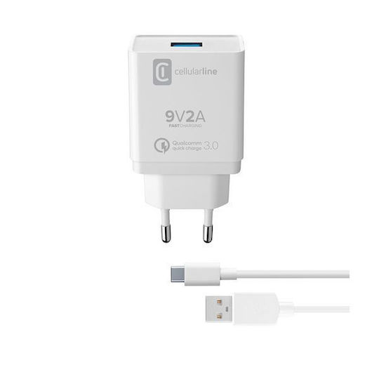 Cellular Line с USB-A порт и кабел USB-C 18W Quick Charge 3.0 Черен (ACHHUKITQCTYCK)