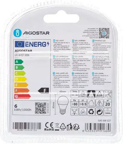 Aigostar LED Bulbs 6W for Socket E27 and Shape G45 Warm White 510lm Dimmable 2pcs