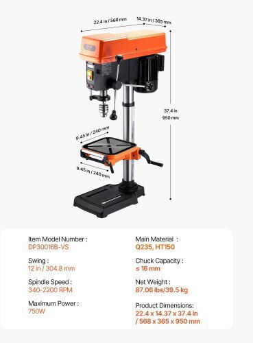 Vevor Benchtop Drill Press TSZC33ABS127XMI9Y001V2 with Power 750 Watt