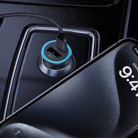 Acefast Auto-Ladegerät 95W Schnellladung mit Anschlüssen: 1xUSB 1xType-C mit Kabel Typ-C,TC-TC Blau Farbe