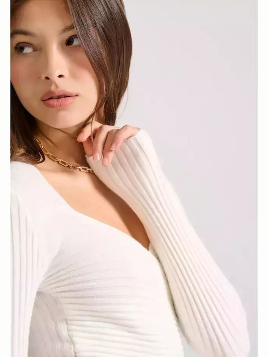 Women's Long Sleeve Crop Sweater with V Neckline Off White