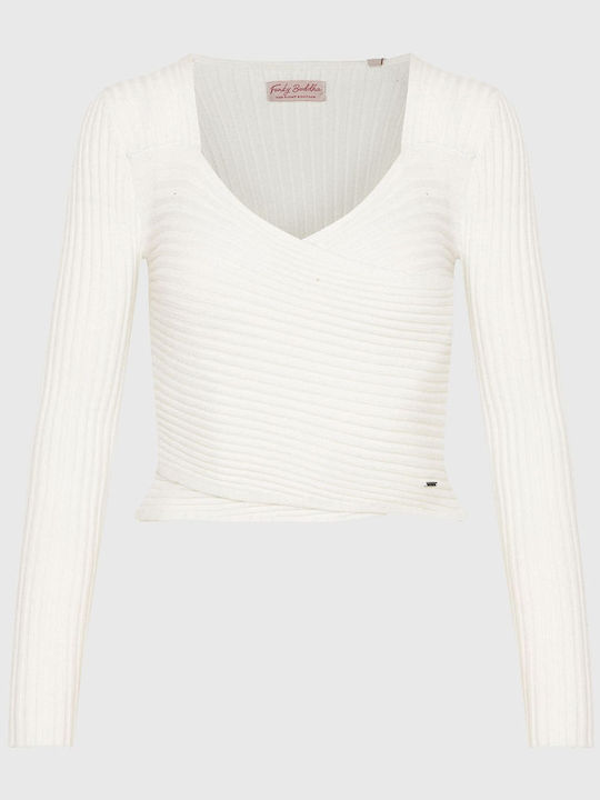 Women's Long Sleeve Crop Sweater with V Neckline Off White