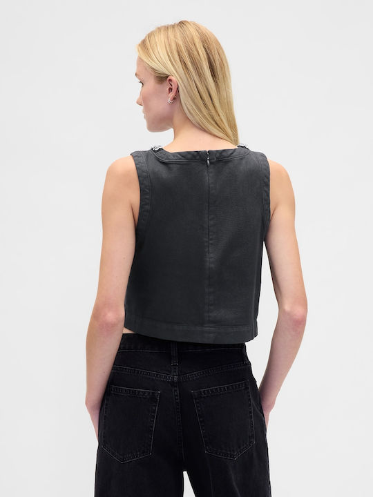 Γυναικείο Crop Top Βαμβακερό Αμάνικο με Φερμουάρ Black