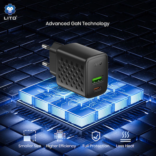 Lito Charger GaN with USB-A Port and USB-C Port and Cable USB-C - USB-C 65W Power Delivery Blacks (LC24T)