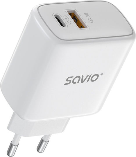 Savio Зарядно без кабел с USB-A порт и USB-C порт 20W Power Delivery Бял (LA-12)