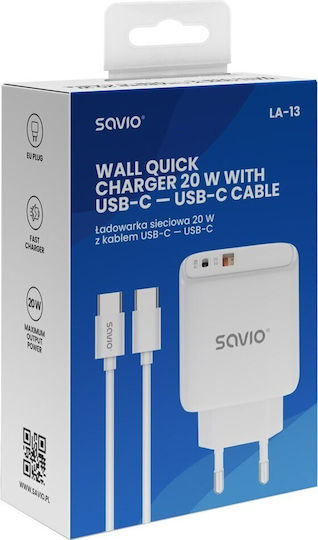 Savio с USB-A порт и USB-C порт и кабел USB-C - USB-C 20W Power Delivery Бял (LA-13)