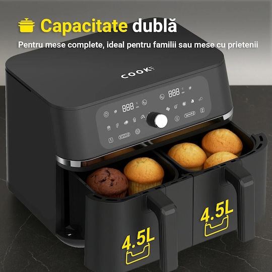 COOK-IT Heißluftfritteuse mit Wi-Fi & Doppel-Abnehmbarer Korb 9Es Schwarz