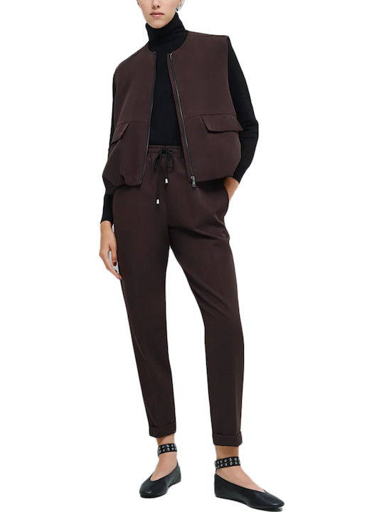Women's Fabric Trousers with Elastic Brown