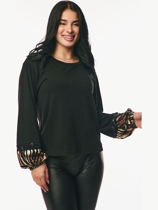 Women's Blouse with Sheerness Animal Print Black