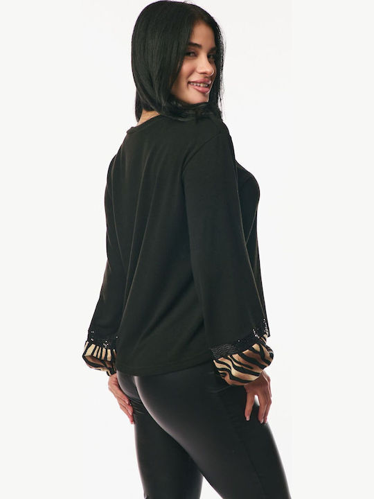 Women's Blouse with Sheerness Animal Print Black