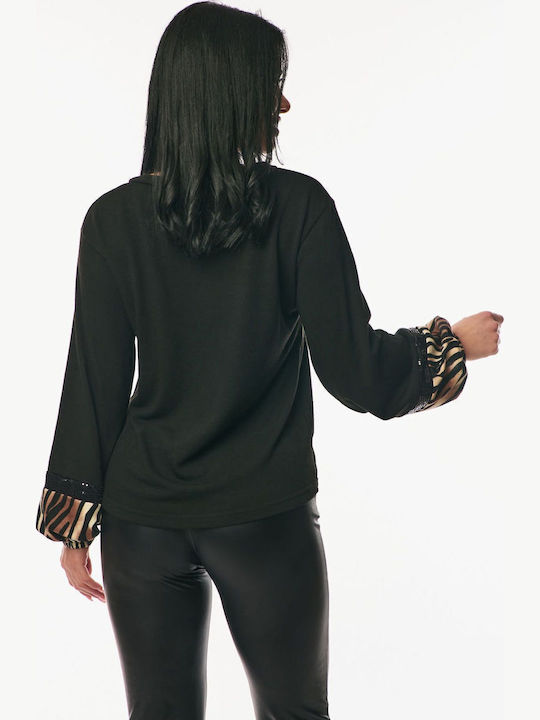 Women's Blouse with Sheerness Animal Print Black