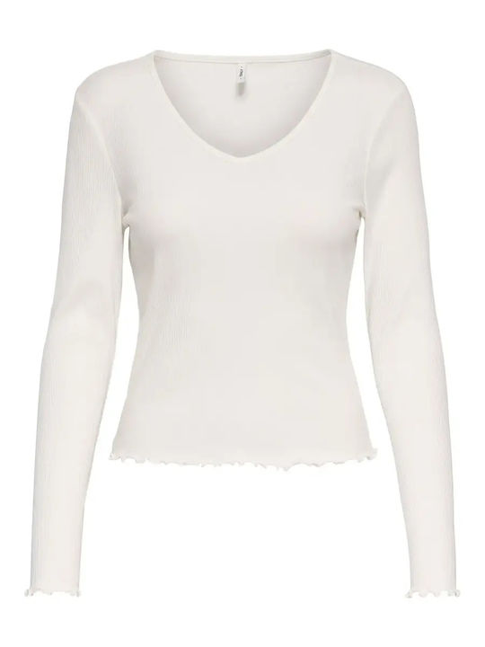 Ina Women's Blouse Cotton Long Sleeve with V Neckline White