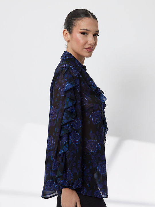 Women's Blouse with Sheerness Floral Blue