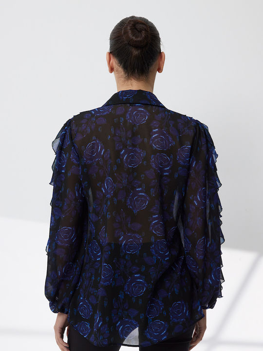 Women's Blouse with Sheerness Floral Blue