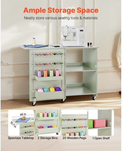 Vevor Folding Sewing Table Multifunctional Sewing Machine Wheels Wooden Pegs Storage Discs Shelf Magnetic Lock Side Surface Constructions Light Green Frzjyxxkzdbhmmz91001v0