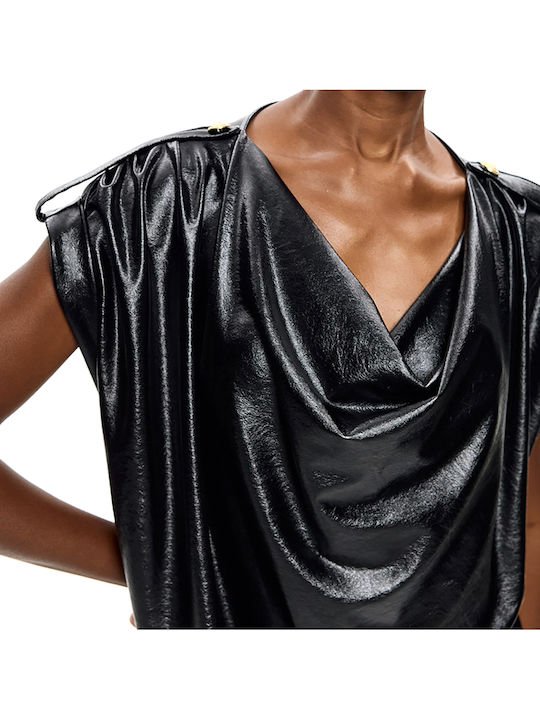 Mini Βραδινό Φόρεμα Δερμάτινο Ντραπέ Μαυρο (black)