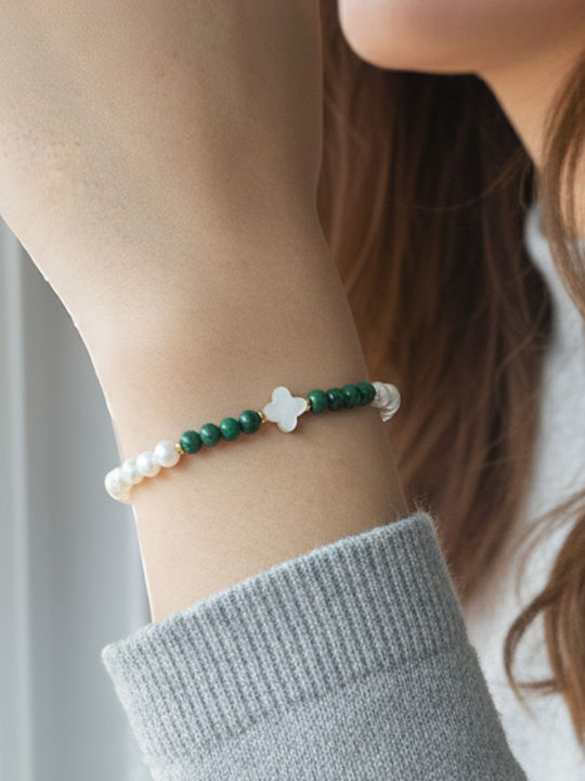 Bracelet 14K Gold Clasp White Pearls Malachite V126774