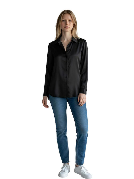 Women's Satin Long Sleeve Shirt Black