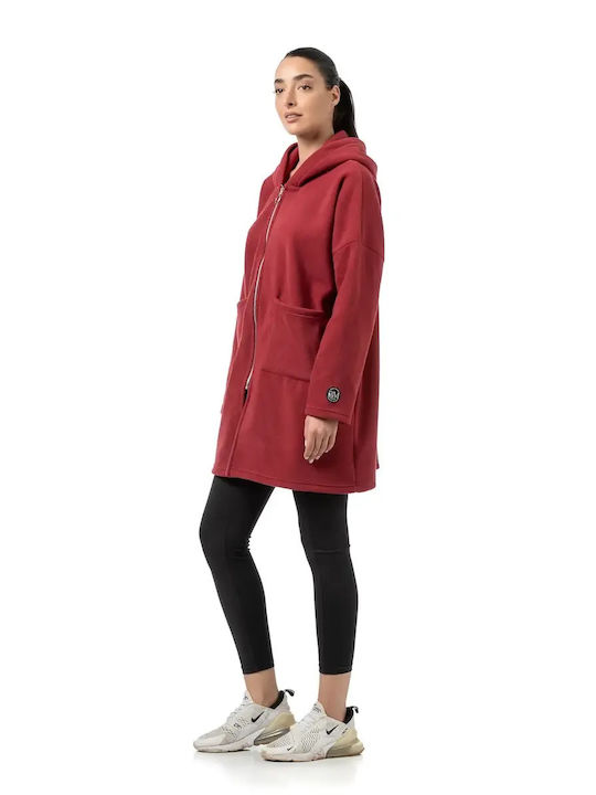 Long Women's Sweatshirt Jacket Hooded Bordeaux