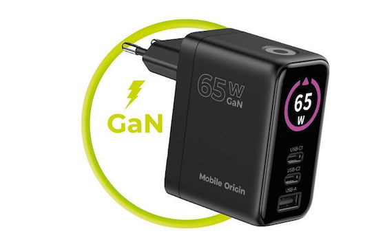 Mobile Origin Φορτιστής Χωρίς Καλώδιο GaN με Θύρα USB-A και 2 Θύρες USB-C 65W Power Delivery Μαύρος