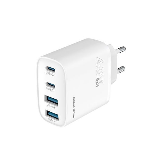 Mobile Origin Charger Without Cable GaN with 2 USB-A Ports and 2 USB-C Ports 40W Power Delivery Whites (MO-40WCH-PW22)