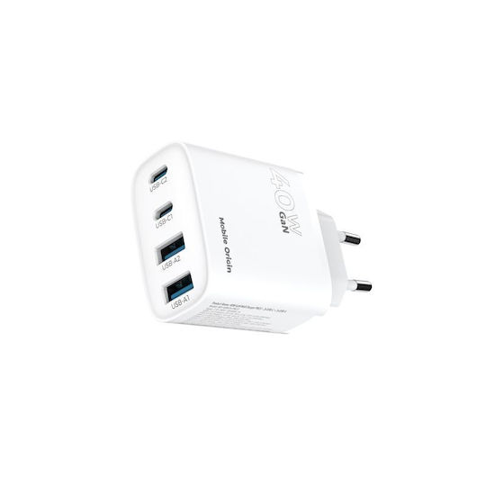 Mobile Origin Charger Without Cable GaN with 2 USB-A Ports and 2 USB-C Ports 40W Power Delivery Whites (MO-40WCH-PW22)
