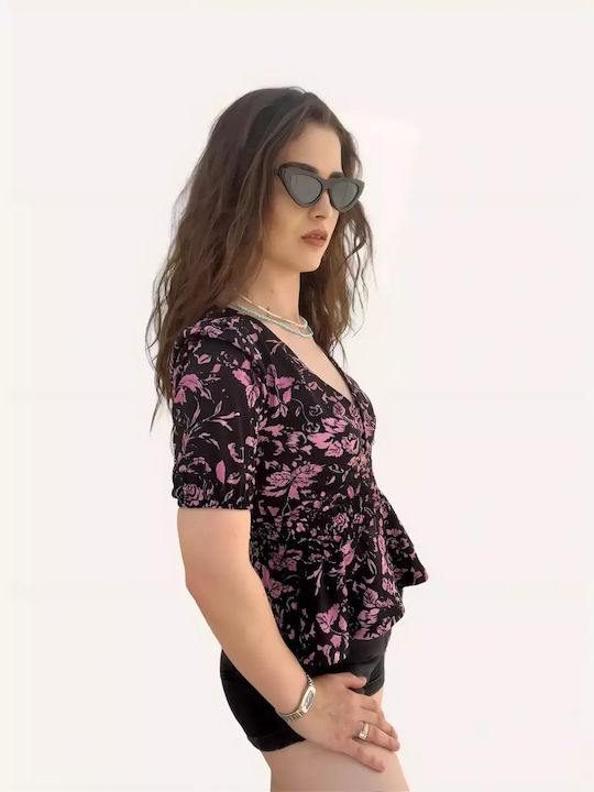 Women's Blouse Short Sleeve with V Neckline Floral Black, Purple