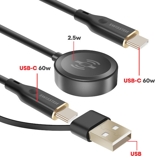 Swissten 2-in-1 Magnetisches Usb-c 60w Lade Kabel Galaxy Watch Smartphone Schwarz