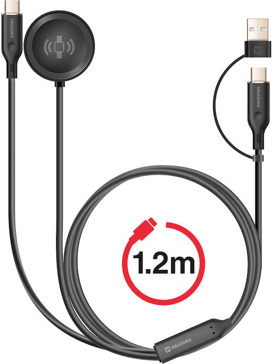 Swissten 2-in-1 Magnetic Usb-c 60w Charging Cable Galaxy Watch Smartphone Black